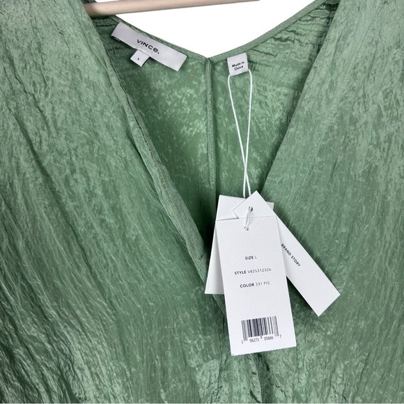 VINCE PISTACHIO GREEN BLOUSE DOUBLE V-NECK SILKY LONG SLEEVE PULL OVER TOP - Picture 14 of 15